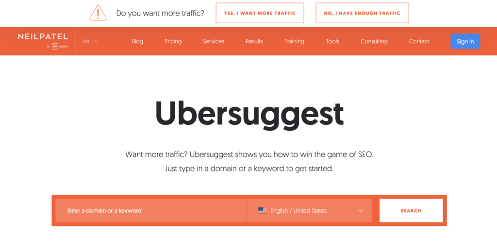 Ubersuggest free keyword research tool